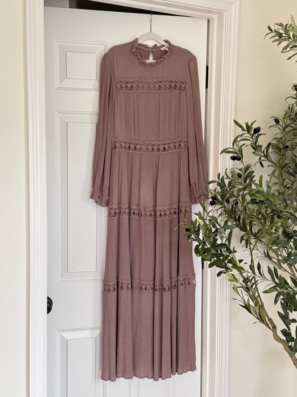 Long Sleeve Dusty Mauve Maxi Dress with Lace Trim